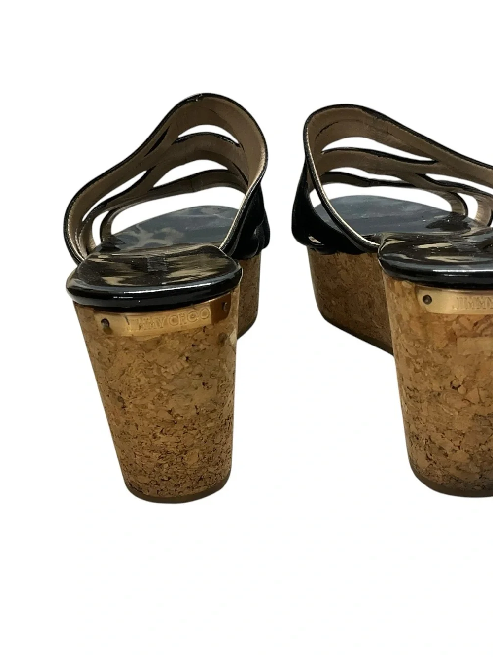 Y2K Jimmy Choo Patent Black Leather Cork Platform Wedge Sandals 42
